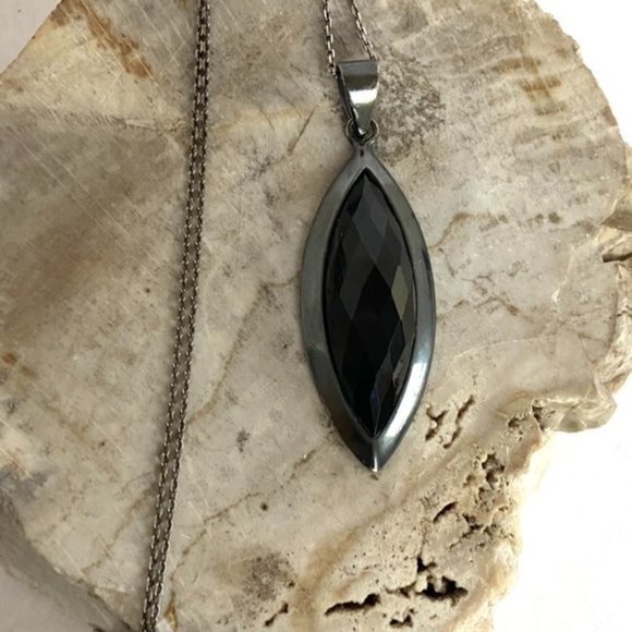 Sterling Silver 925 Oxidized Faceted Black Onyx Marquise Pendant Necklace 17.75" - Picture 4 of 16